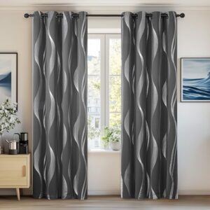Deconovo Moderna gardiner, mörkläggningsgardin, ogenomskinlig gardin med mönster, mörkläggning av gardiner, 245x140 cm (höjd x bredd), mörkgrå, uppsättning med 2