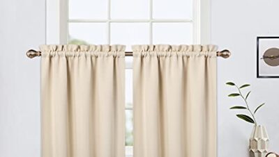 LinTimes mörkläggning korta gardiner 61 cm långa för badrumsset 2 paneler stång ficka café nivåer gardiner ljusblockerande mörkläggning husbil gardiner för små fönster kök beige