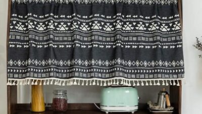 Smithoom Gardinkappor Bohemisk Design Linne i Bomull Kort Gardin för Skåp Kök Badrum Fönster Dekoration, 1 Panel, Svart, 68x45cm